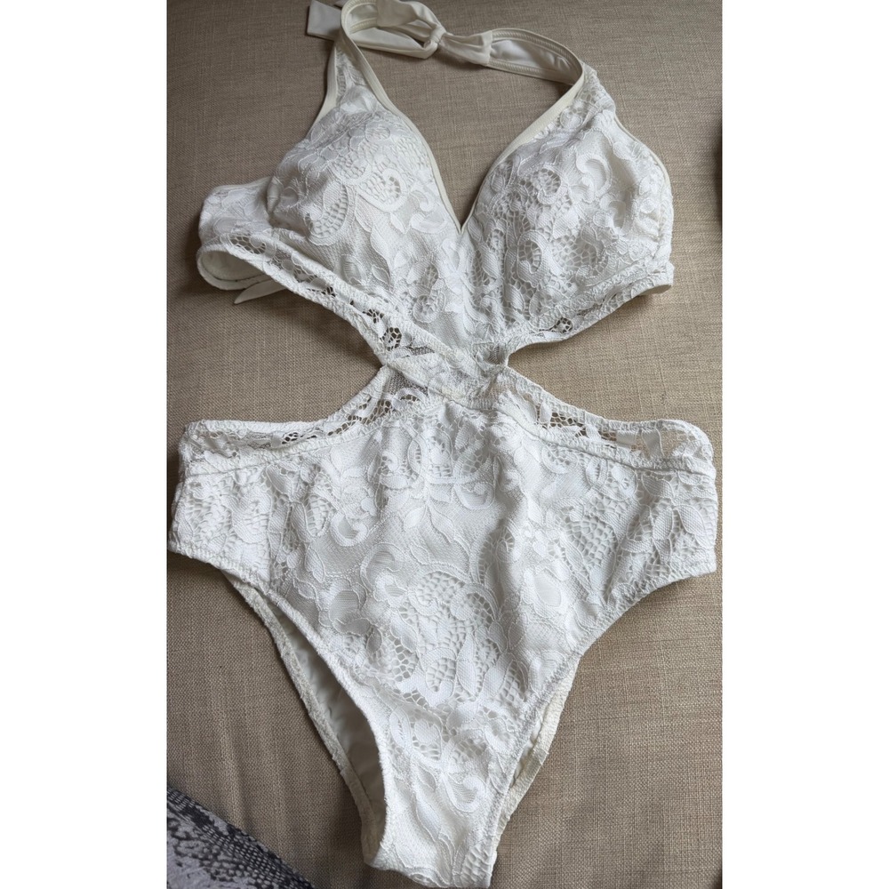 White Floral Lace Cutout Monokini Halter One Piece Swimsuit Womens large